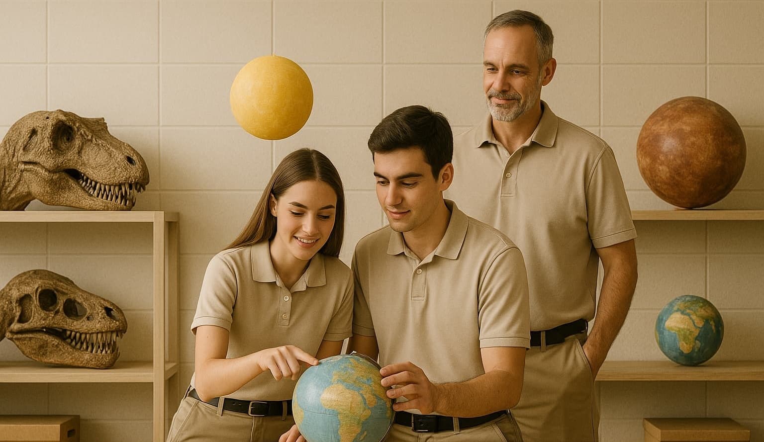 Museum staff and volunteers working together with globes and skulls in a science classroom