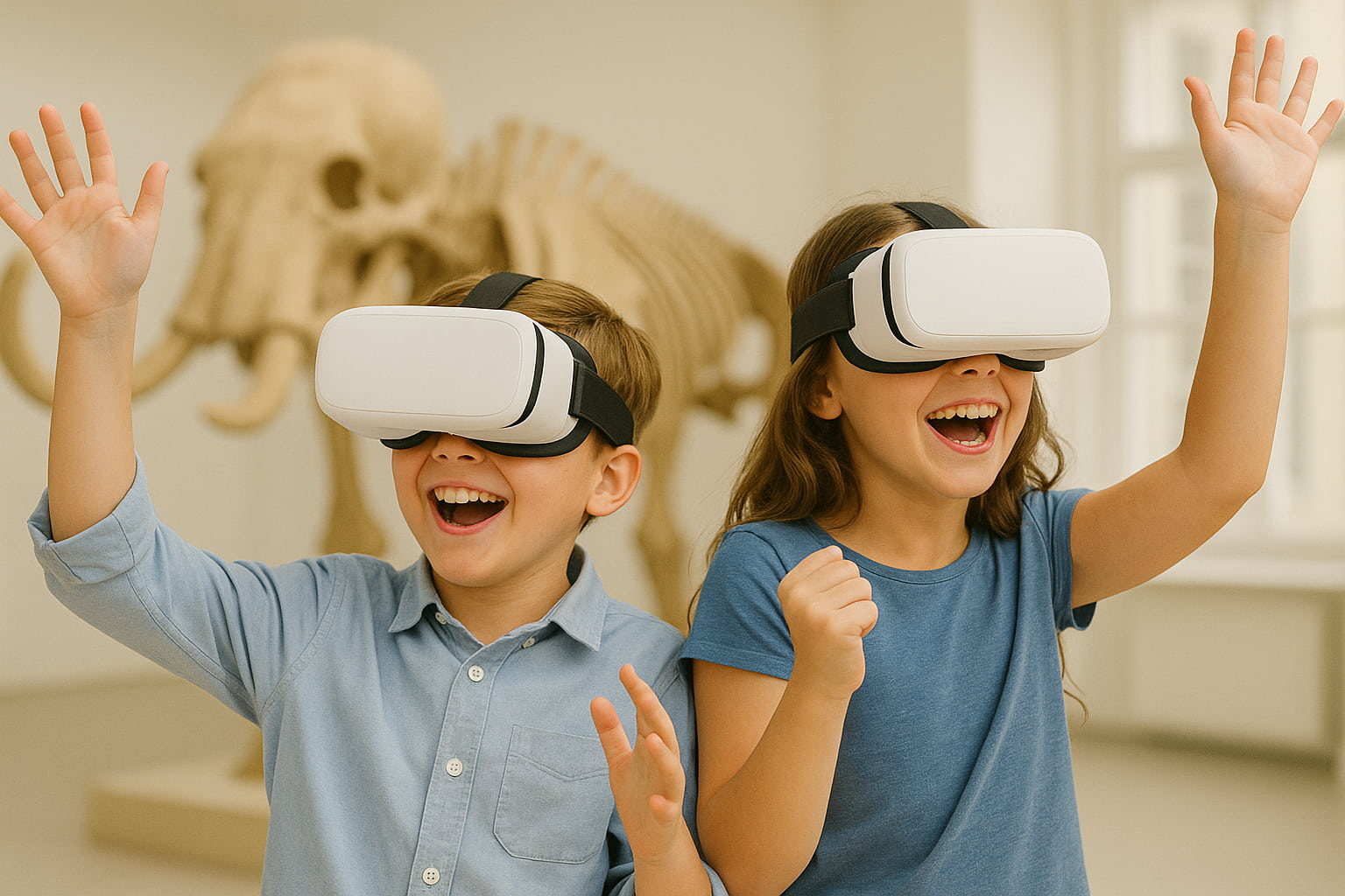 Boy and a girl wearing VR headsets, laughing and exploring a science experience