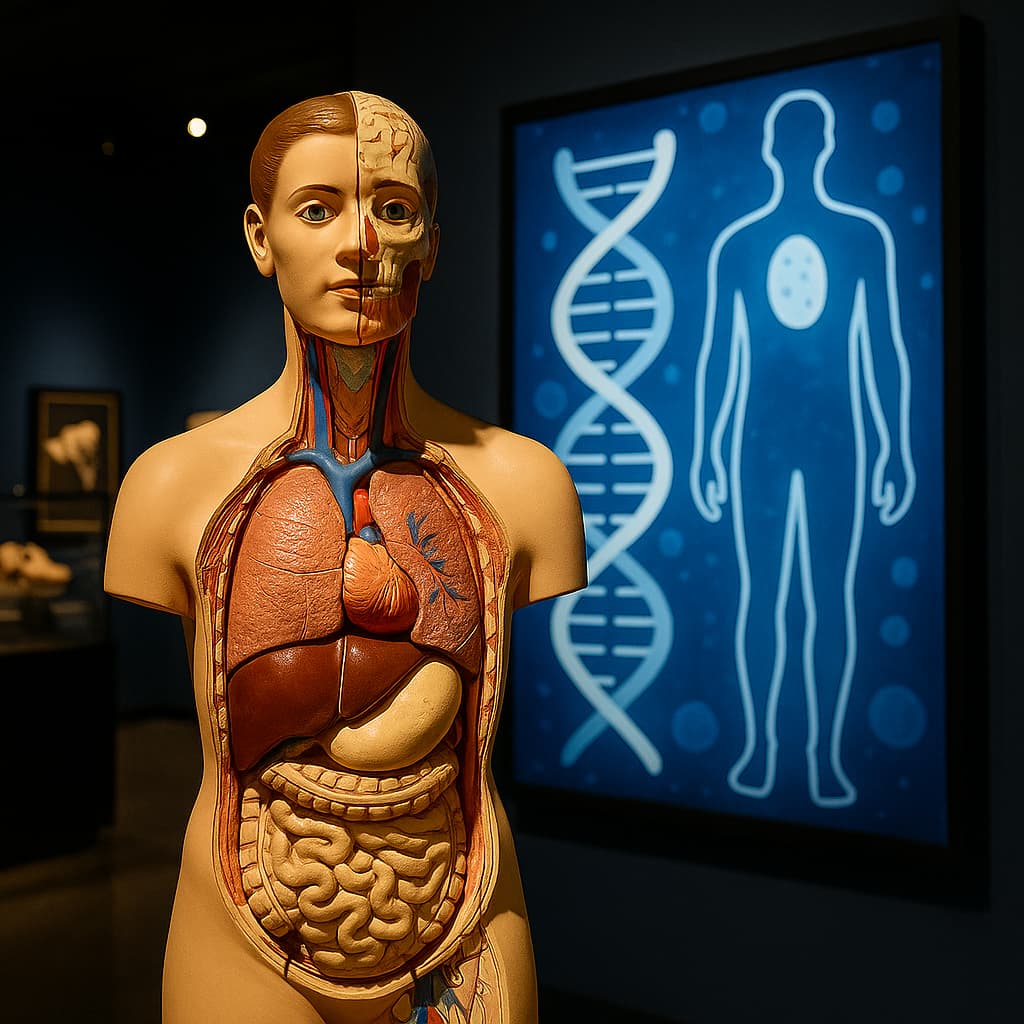 Human anatomy model and DNA illustration