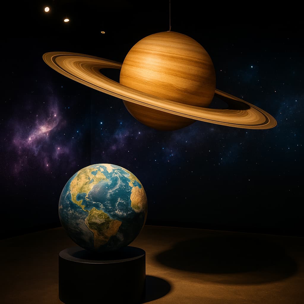 Planets and stars in a cosmology exhibition.