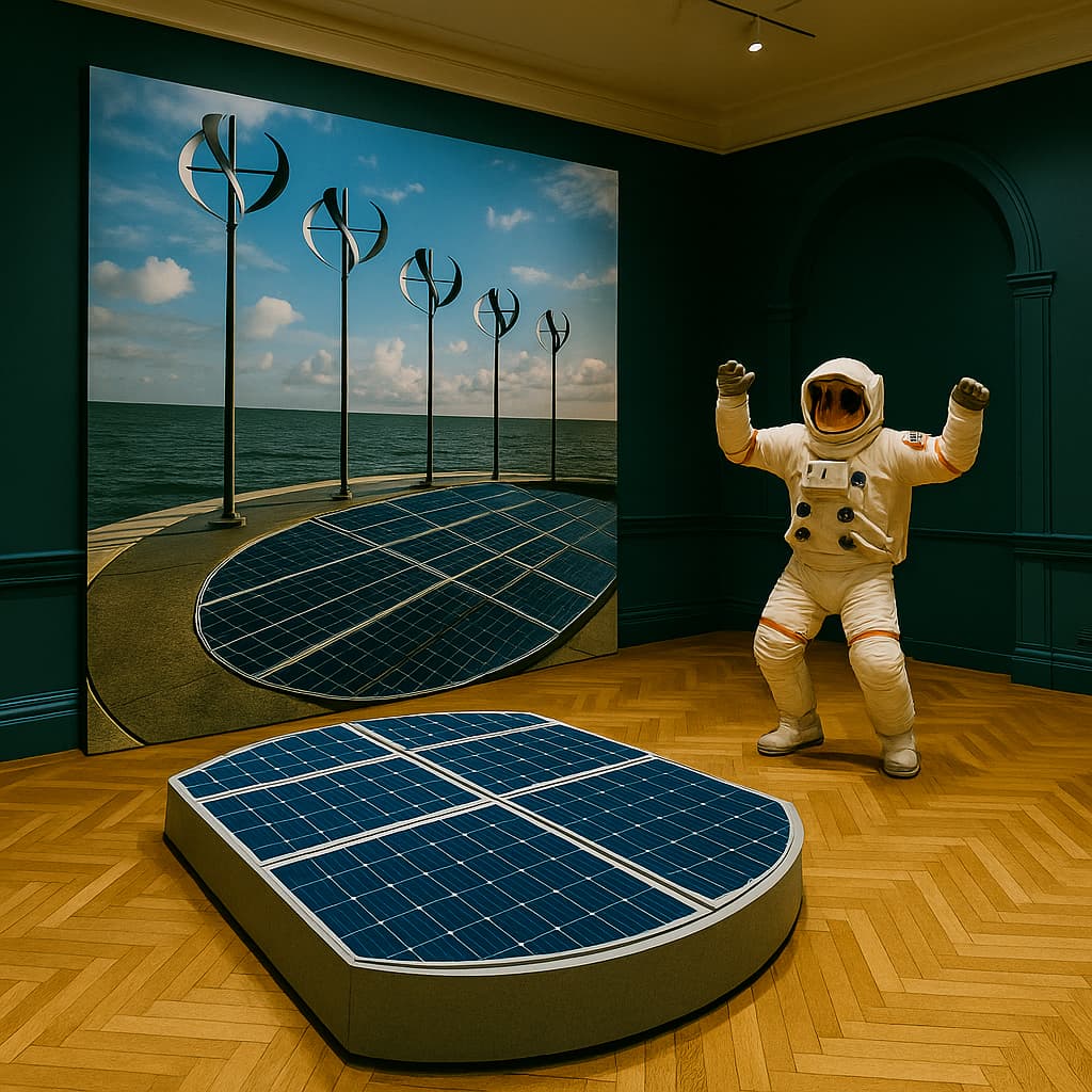 Room with Energetica innstallations, showing wind installations and solar panels.