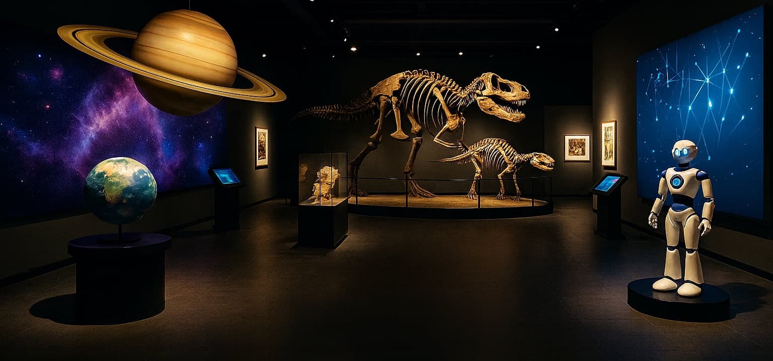 A museum gallery combining paleontology and space science, with a T.rex and juvenile dinosaur skeleton centerpiece, large globe and saturn model, interactive screens, and a humanoid robot standing beside a digital star-map display