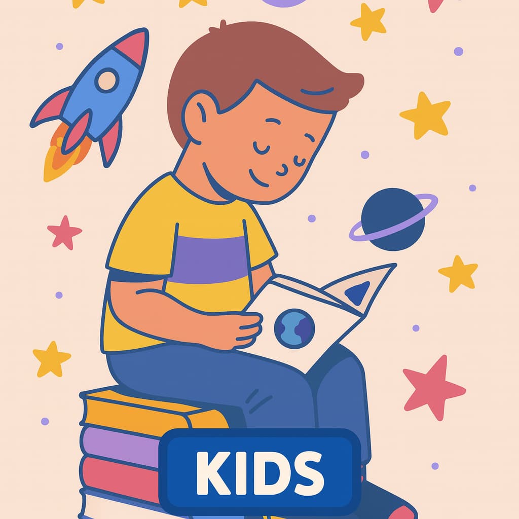 Kid reading a magazine on a pile of books