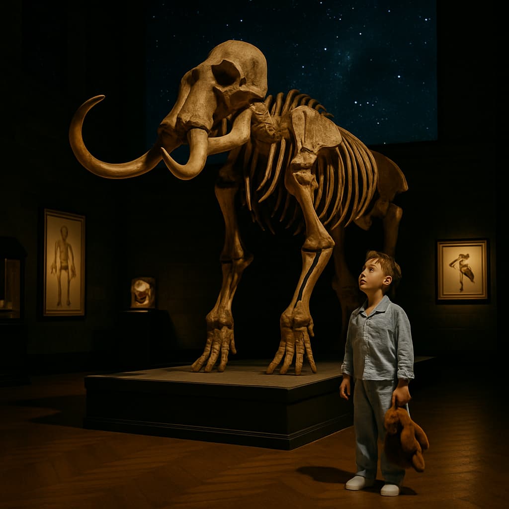 Boy in pajamas holding a pillow looking up at a mammoth skeleton in the museum.